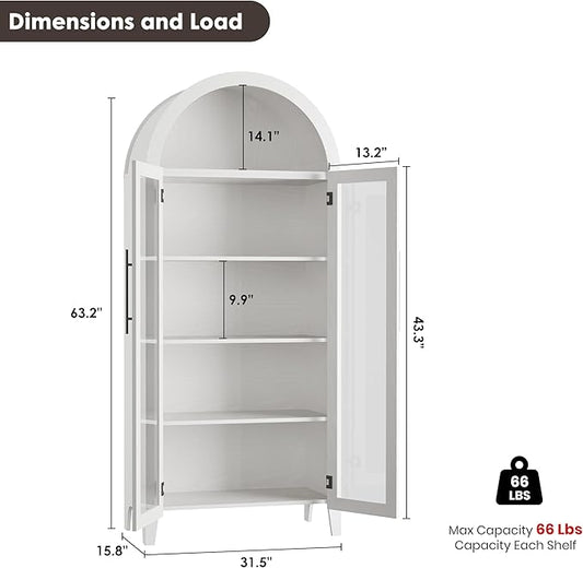 GarveeHome Arched Kitchen Pantry Storage Cabinet - Farmhouse 5 Tier Display Shelf with Adjustable Shelf and 2 Large Glass Doors, Versatile Cupboard for Kitchen, Dining Room, Living Room, White