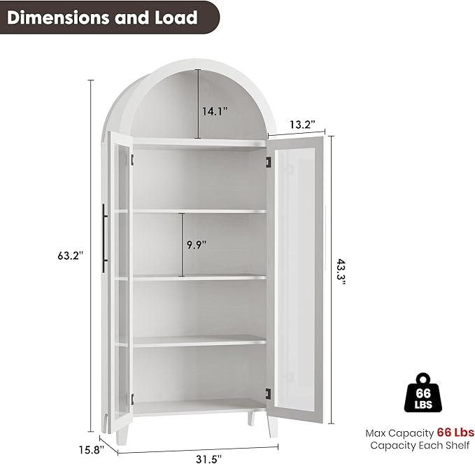 IDEALHOUSE Arched Kitchen Pantry Storage Cabinet - Farmhouse 5-Tier Display Shelf with 2 Large Glass Doors and Adjustable Shelf, Versatile Cupboard for Kitchen, Dining Room, Living Room, White