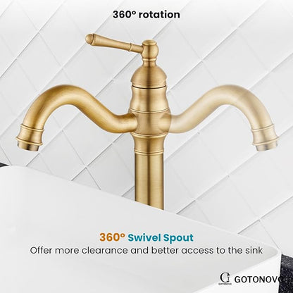 gotonovo Vessel Sink Faucet 360° Swivel Spout Single Handle Tall Bathroom Faucet 1 Hole Farmhouse Lavatory Washbasin Mixer Tap Matching Supply Hoses, Without Pop Up Drain, Antique Brass