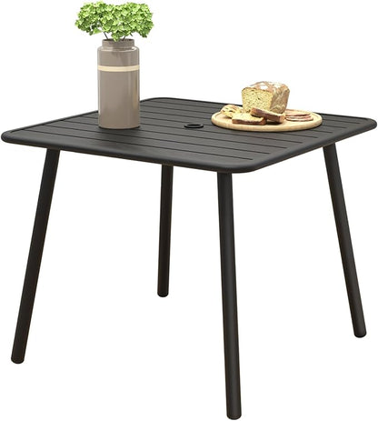 C-Hopetree Square Metal Outdoor Dining Table with Umbrella Hole for Outside Patio, Black