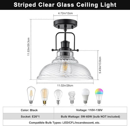 WILON Flush Mount Ceiling Light, Black Farmhouse Ceiling Light with Striped Clear Glass Shade, Light Fixtures for Dining Room Ceiling, Semi Flush Mount Ceiling Lights for Kitchen Entryway