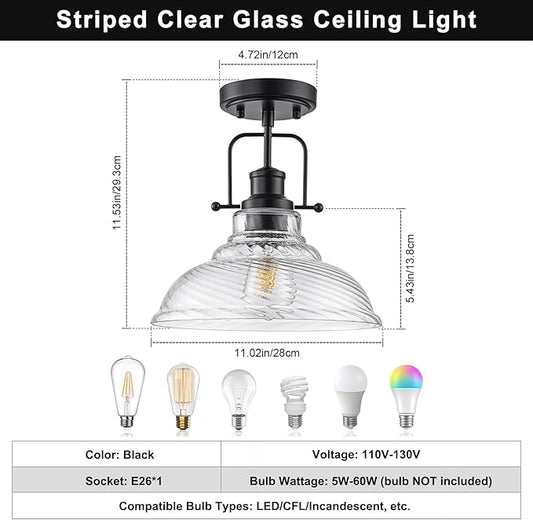 WILON Flush Mount Ceiling Light, Black Farmhouse Ceiling Light with Striped Clear Glass Shade, Light Fixtures for Dining Room Ceiling, Semi Flush Mount Ceiling Lights for Kitchen Entryway