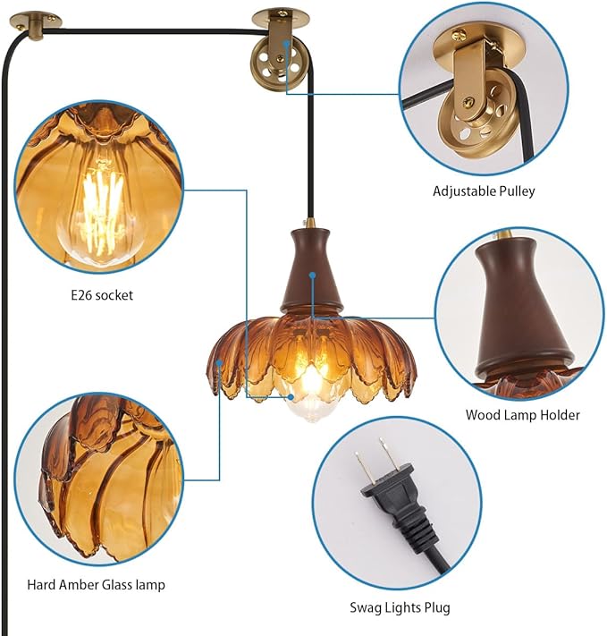 YLONG-ZS Plug in Pendant Light,Hanging Light Plug in Vintage Flower Glass Walnut Wood Pendant Light, Modern Gold Pulley Hanging Lamp for Kitchen Island, Bedroom, Dining Room, Living Room，Corner