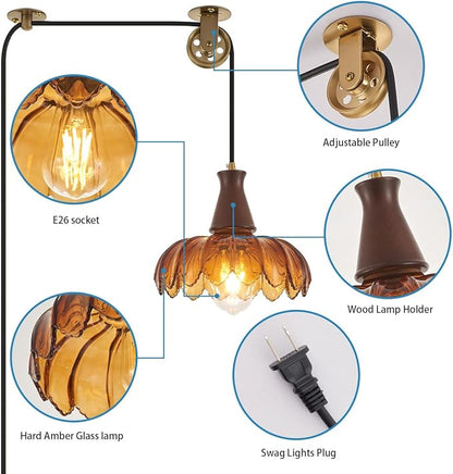 YLONG-ZS Plug in Pendant Light,Hanging Light Plug in Vintage Flower Glass Walnut Wood Pendant Light, Modern Gold Pulley Hanging Lamp for Kitchen Island, Bedroom, Dining Room, Living Room，Corner