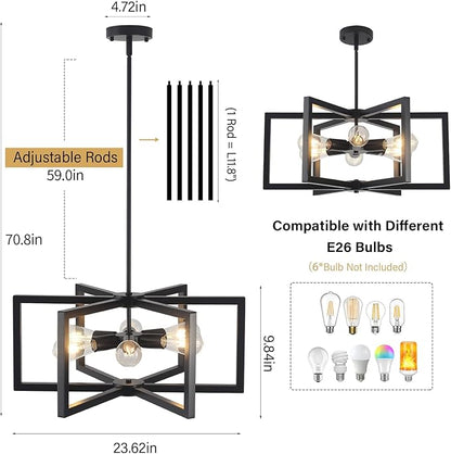 Modern Farmhouse Chandelier, 23.6'' Large Black Chandelier Light Fixture Industrial Geometric Chandeliers for Dining Room Entryway Living Room Kitchen (6 Lights, E26)