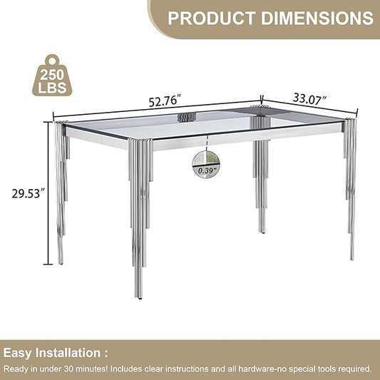 Modern Rectangle Glass Dining Table for 4-6 People, 53" Clear Tempered Glass Desktop with Silver Mirrored Stainless Steel Legs for Apartments, Dinner, Home Office