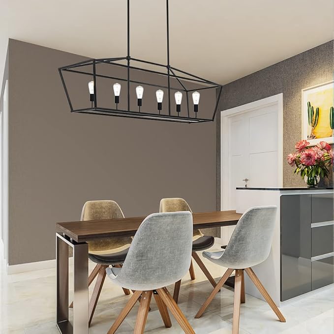 BONLICHT 6-Light Linear Farmhouse Chandelier in Matte Black Finish Industrial Kitchen Island Pendant Lighting Ceiling Hanging Lamp for Dining Room Stairway Living Room