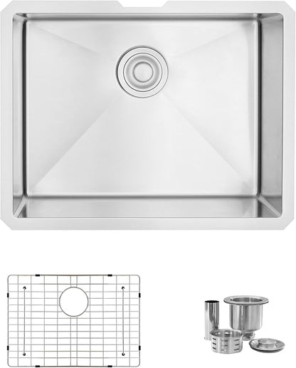 Stylish 23 x 18 Inch Undermount Kitchen Sink 16G Stainless Steel 10mm Radius Corners Single Bowl Kitchen Sinks with Bottom Grid and Luxury Basket Strainer, S-307XG