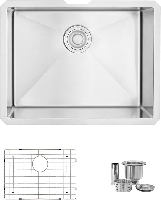 Stylish 23 x 18 Inch Undermount Kitchen Sink 16G Stainless Steel 10mm Radius Corners Single Bowl Kitchen Sinks with Bottom Grid and Luxury Basket Strainer, S-307XG