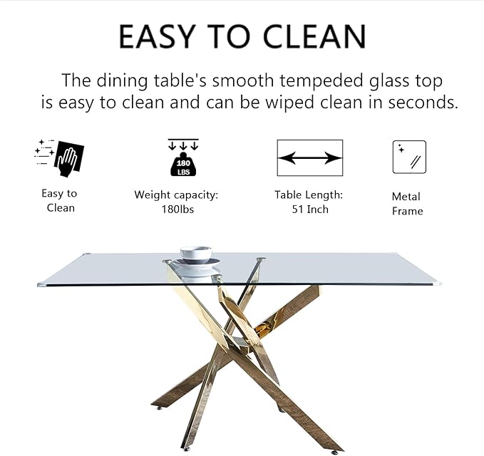 51" Glass Dining Table for 4-6, Modern Dining Room Table with 0.39" Tempered Glass Top and Cross X-Shaped Gold Stainless Steel Base, Rectangle Kitchen Dinner Table for Dining Room