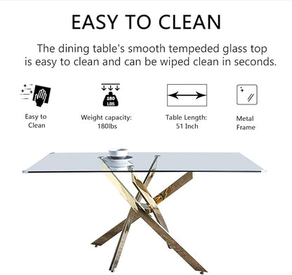 51" Glass Dining Table for 4-6, Modern Dining Room Table with 0.39" Tempered Glass Top and Cross X-Shaped Gold Stainless Steel Base, Rectangle Kitchen Dinner Table for Dining Room