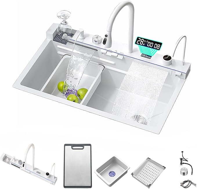 Sinks Countertop or Embedded Single Bowl Stainless Steel Kitchen Sink with Drain basket, cutting board, vegetable sink, multi-function pull-out faucet set (White, 31.5x18x9 In)