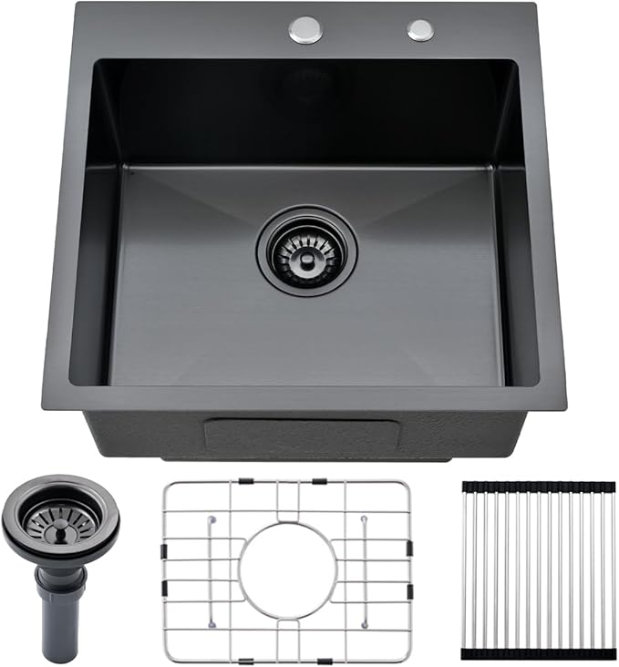 20-inch Drop In Bar Sink Black - VOKIM 20"x 19" Drop in Kitchen Sink Top Mount Handmade Small Kitchen Bar Sink 16 Gauge Stainless Steel Single Bowl sink Brushed Nickel, With Dish Grid