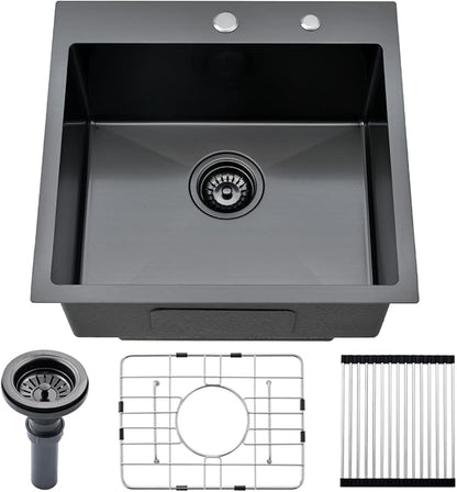 20-inch Drop In Bar Sink Black - VOKIM 20"x 19" Drop in Kitchen Sink Top Mount Handmade Small Kitchen Bar Sink 16 Gauge Stainless Steel Single Bowl sink Brushed Nickel, With Dish Grid