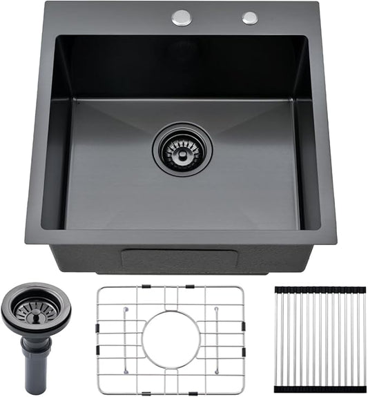 20-inch Drop In Bar Sink Black - VOKIM 20"x 19" Drop in Kitchen Sink Top Mount Handmade Small Kitchen Bar Sink 16 Gauge Stainless Steel Single Bowl sink Brushed Nickel, With Dish Grid