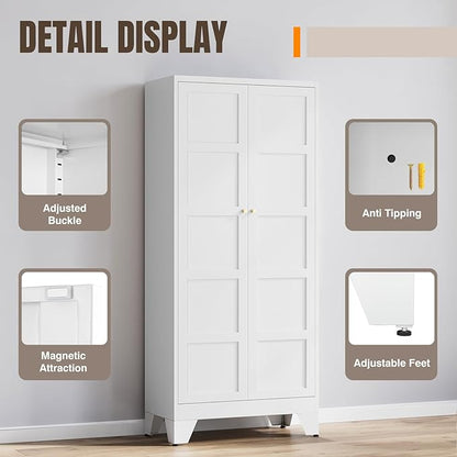 Yizosh Metal Storage Cabinet with 2 Doors and 4 Adjustable Shelves,- 71" White Kitchen Pantry Storage Cabinet for Kitchen,Dining Room,Living Room