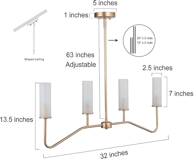 LOG BARN Pendant Lighting for Kitchen Island, 4-Light Modern Gold Linear Dining Room Chandelier Light Fixture Over Table, 32'' Kitchen Island Lighting with Frosted Glass Shade