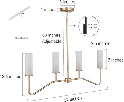 LOG BARN Pendant Lighting for Kitchen Island, 4-Light Modern Gold Linear Dining Room Chandelier Light Fixture Over Table, 32'' Kitchen Island Lighting with Frosted Glass Shade