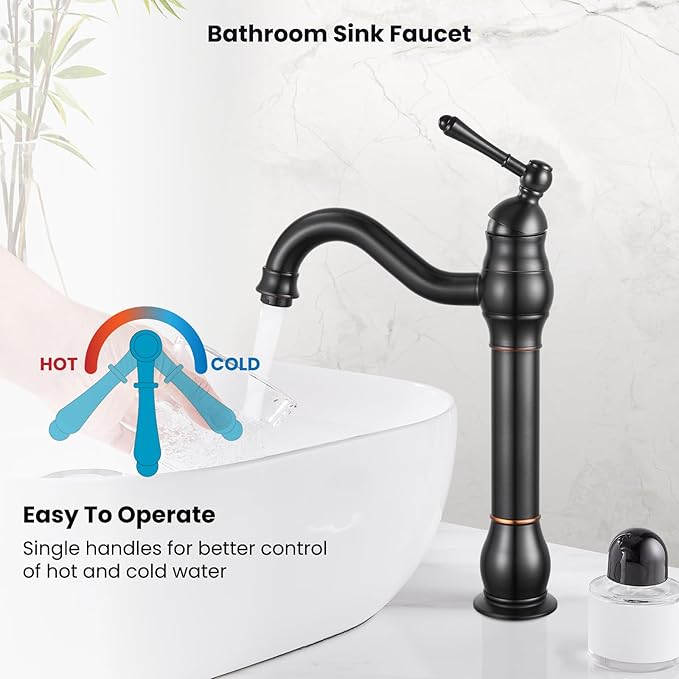 gotonovo Vessel Sink Faucet 360° Swivel Spout Single Handle Tall Bathroom Faucet 1 Hole Farmhouse Lavatory Washbasin Mixer Tap Matching Supply Hoses, Without Pop Up Drain, Oil Rubbed Bronze