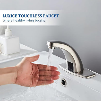 Brushed Nickel Touchless Bathroom Sink Faucet, Battery Operated Automatic Motion Sensor Hands Free Commercial Faucets with Hot & Cold Temperature Mixing Valve