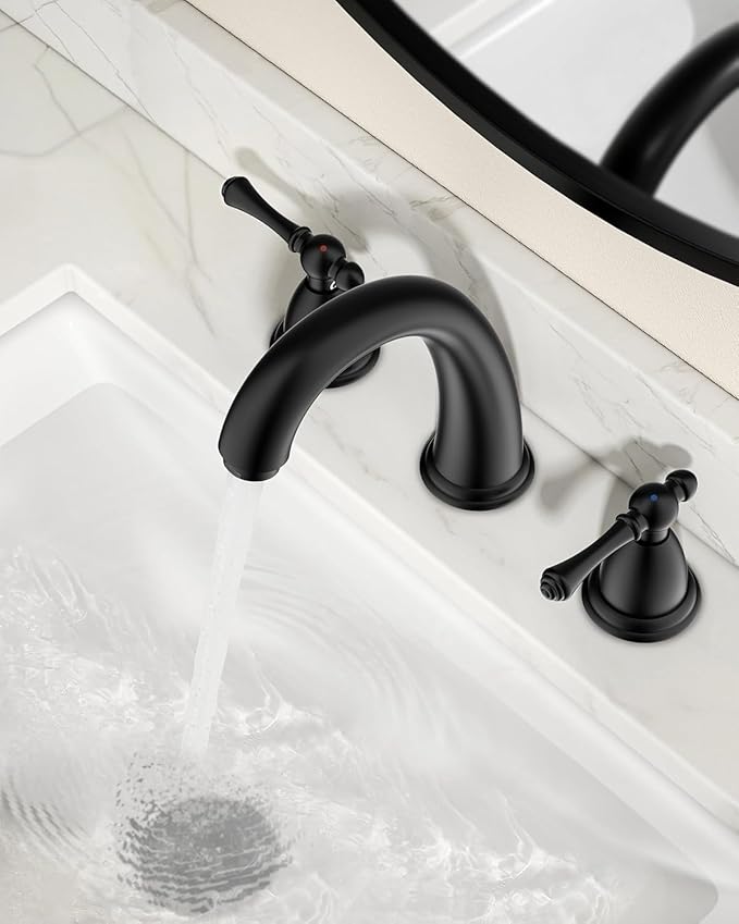 FORIOUS Black Bathroom Sink Faucet 8 Inch, Widespread Bathroom Faucet 3 Hole with Pop Up Drain and Water Hose Supply, 2 Lever Handle Design,for Vanity RV Farmhouse Sink