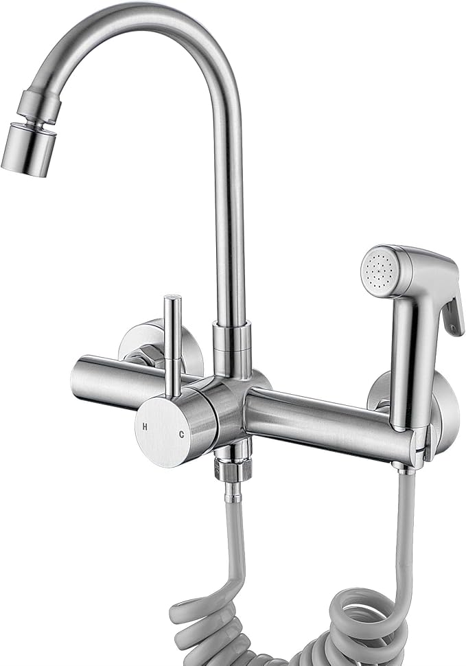 Wall Mount Kitchen Faucet with Side Sprayer, Commercial Sink Faucet 8 Inch Center, 360 Swivel Spout, Dual Functional Sprayer, Utility Sink Mixing, 304 Stainless Steel, Brushed Nickel Finish