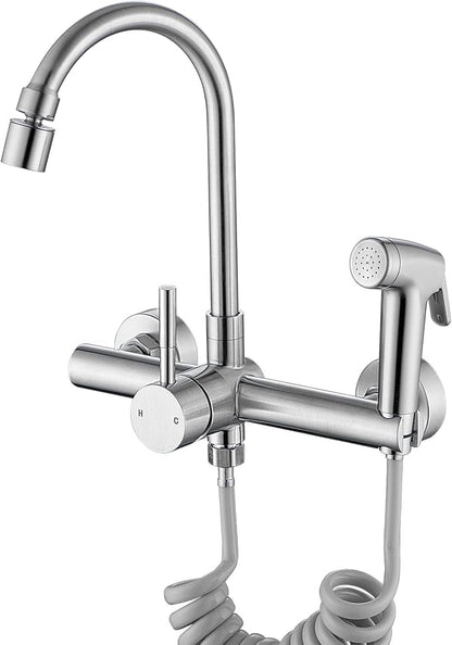 Wall Mount Kitchen Faucet with Side Sprayer, Commercial Sink Faucet 8 Inch Center, 360 Swivel Spout, Dual Functional Sprayer, Utility Sink Mixing, 304 Stainless Steel, Brushed Nickel Finish