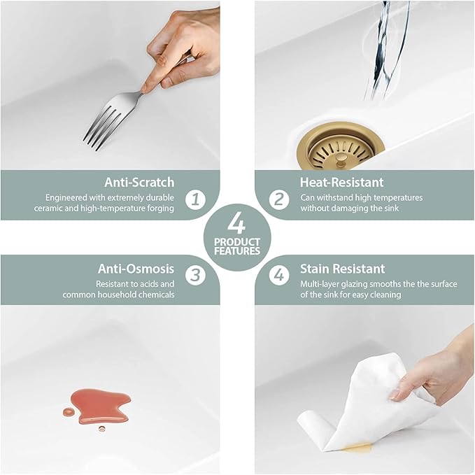 Kichae 33 White Farmhouse Sink Workstation - 33 x 20 Flat Apron Front Farmhouse Kitchen Sink Farm Farmer Porcelain Fireclay Ceramic Ledge Workstation Single Bowl Basin