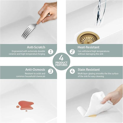 Kichae 33 White Farmhouse Sink Workstation - 33 x 20 Flat Apron Front Farmhouse Kitchen Sink Farm Farmer Porcelain Fireclay Ceramic Ledge Workstation Single Bowl Basin