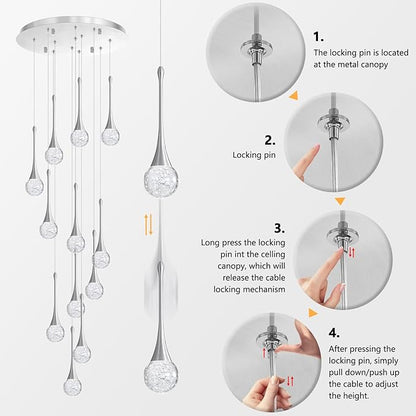 118 inches Modern Glam Crystal Chandelier for High Ceiling LED Dimmable Ceiling Pendant Light Staircase Foyer Enterway Living Room Chandelier Lighting Brushed Nickel 12 Lights