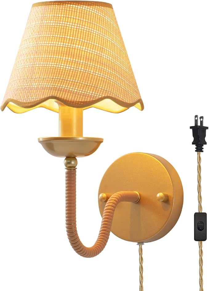 Rattan Wall Sconce,Boho Hand-Woven Gold Wall Light,Rustic Modern Rattan Sconce Lighting,Gold Plug in Wall Lights for Living Room,Bedroom,Hallway,Vanity,1-Light