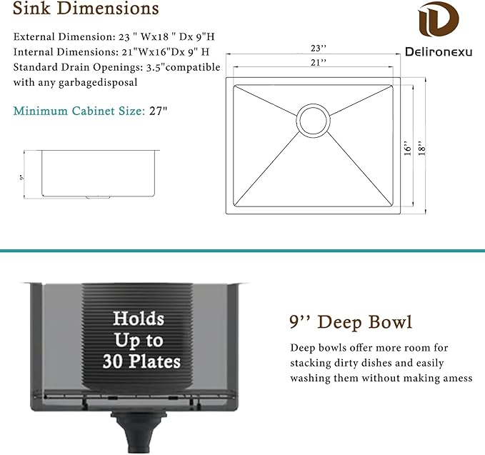 23 Inch Undermount Kitchen Sink - Delironexu 18 Gauge Stainless Steel Kitchen Sink, 23"x18" Single Bowl kitchen Sinks with Brushed Finish, Ideal for Bar Sinks, and RV sink