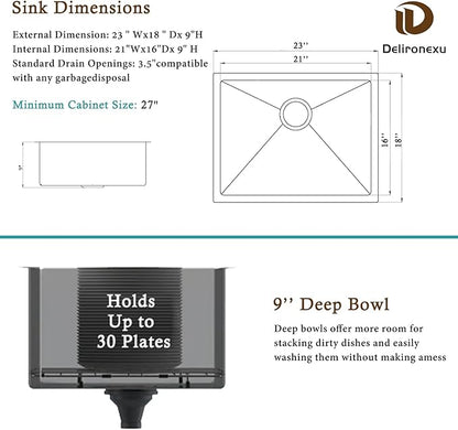 23 Inch Undermount Kitchen Sink - Delironexu 18 Gauge Stainless Steel Kitchen Sink, 23"x18" Single Bowl kitchen Sinks with Brushed Finish, Ideal for Bar Sinks, and RV sink
