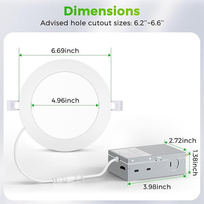 MAXvolador 12 Pack 6 Inch LED Recessed Ceiling Light with Junction Box 1200LM High Brightness, 2700K-6000K 5CCT Dimmable, 12W Ultra-Thin Canless Wafer Downlight