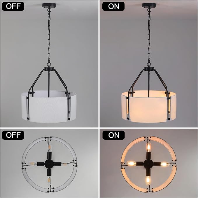Drum Chandeliers, 18'' Drum Pendant Light Fixture with White Linen Fabric Shade, White Chandelier Adjustable Modern Farmhouse Hanging Lights for Dining Room Bedroom Kitchen Foyer Entryway