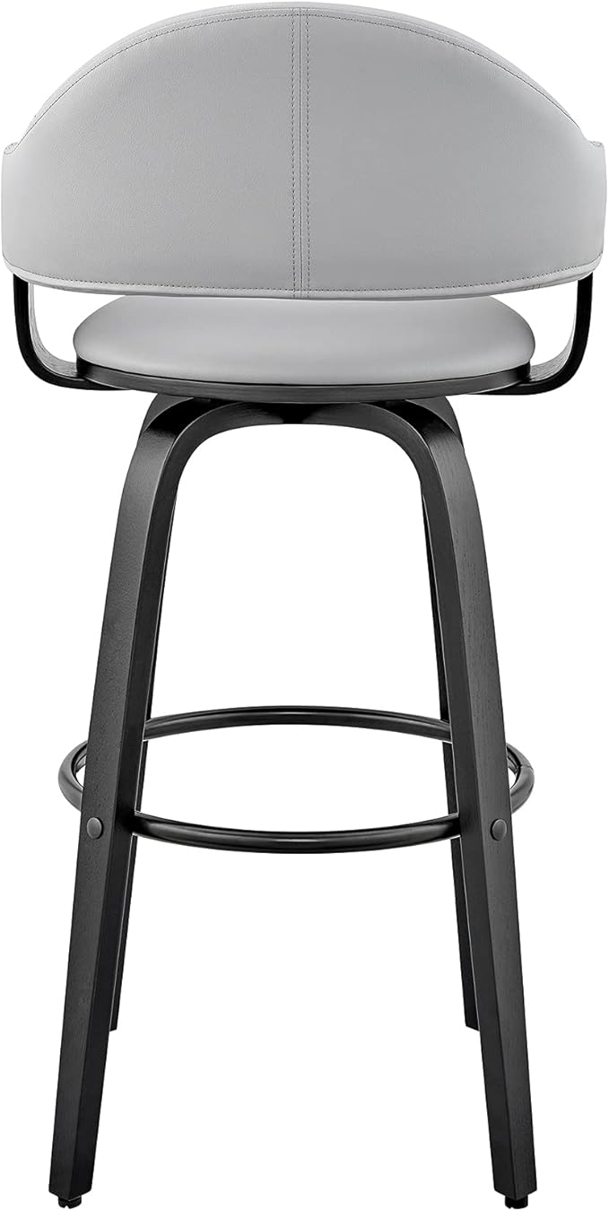 Armen Living Daxton Mid Century Modern Swivel Bar Stool for Kitchen Island Counter in Gray Faux Leather and Black Wood, 26" Seat Height