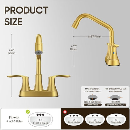 Phiestina Gold Utility Sink Faucet 3 Hole, Laundry Sink Faucet with Pull Out Sprayer, Long Spout Dual Handle Modern Bathroom Faucet, 4 Inch CenterSet Laundry & Utility Room Sink Faucets, LF36CL-2M-BG