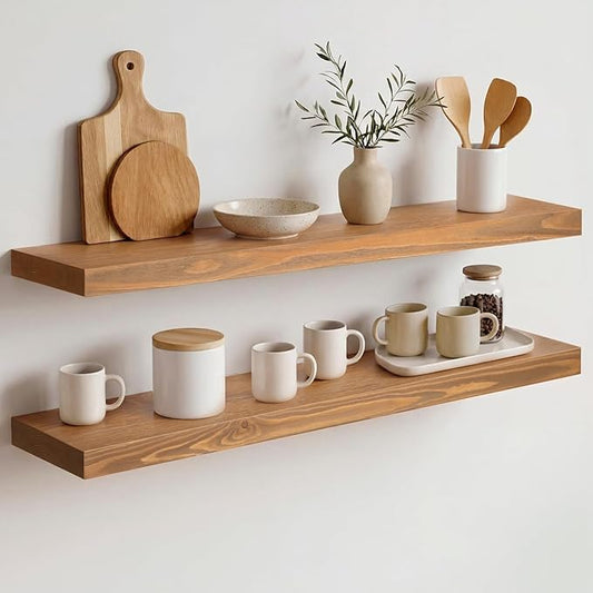 Homeforia 30 inch Golden Oak Floating Shelf, High End Solid Real Wood 30inch Small Floating Shelves for Wall Mounted, Oak Wooden 30in Floating Shelves, Heavy Duty Bracket, 30 X 6.5 X 1.75 in, Set of 2