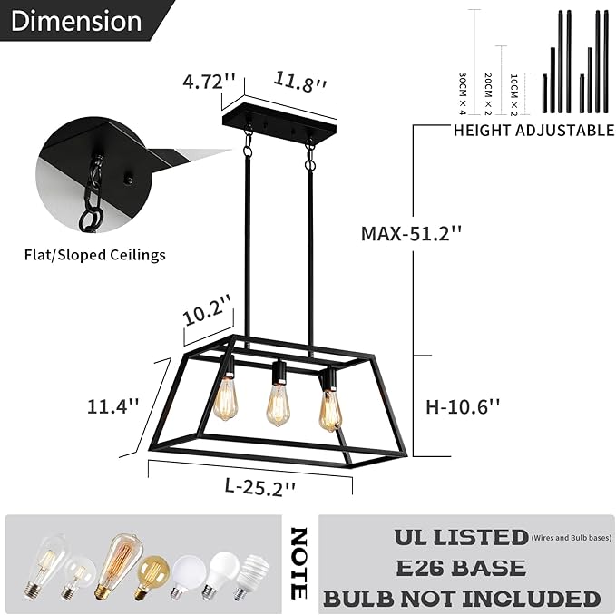 Black Kitchen Island Lighting, 3-Light Farmhouse Chandeliers, Modern Industrial Linear Rectangle Pendant Light Fixtures for Dining Room Kitchen Bar Foyer(Metal, E26 Base)