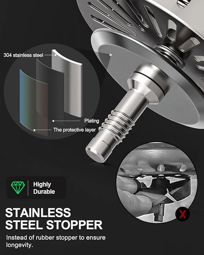BOTEMY B9171 Kitchen Sink Drain 3 1/2 Inch Kitchen Sink Drain Strainer Assmebly Kit Stainless Steel Sink Strainer Basket/Drain Stopper for 3.5'' Standard American Drain Hole (Polished)