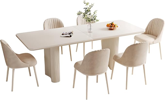 Miuuod Extra Large Modern Kitchen & Dining Table Set, White, 79" Rectangle, 4-8 Seater, Stable Frame, Cream White