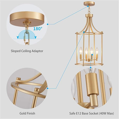 XINGQI Gold Chandeliers for Dining Room,4 Light Hanging Lantern Pendant Light Fixture Metal Farmhouse Geometric Chandelier Cage Pendant for Kitchen Island Entryway Living Room