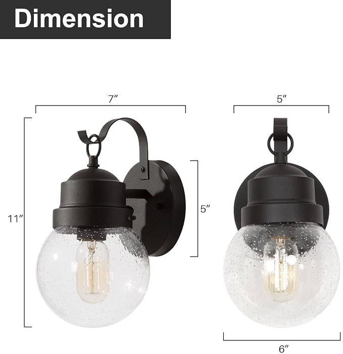 LALUZ Outdoor Porch Wall Lighting, Anti-Rust Exterior Wall Light Fixture with Globe Seeded Glass, Weather-Proof Outdoor Sconce Lights Black Outside Wall Lantern for Patio, Garage, Yards