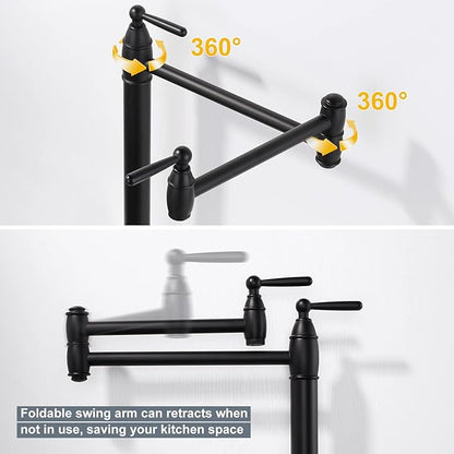 Pot Filler Deck Mount, ARCORA Pot Filler Black Kitchen Folding Faucet 2 Handle with Stretchable Double Joint Swing Arms Brass Stove Faucet Matte Black