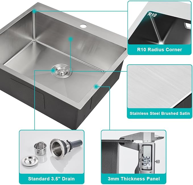 25-inch Stainless Steel Kitchen Sink Drop In, Single Bowl Single Faucet Hole Handmade Topmount Kitchen Sink, 25" x 22" x 8.5"