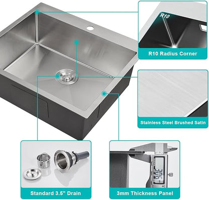 25-inch Stainless Steel Kitchen Sink Drop In, Single Bowl Single Faucet Hole Handmade Topmount Kitchen Sink, 25" x 22" x 8.5"