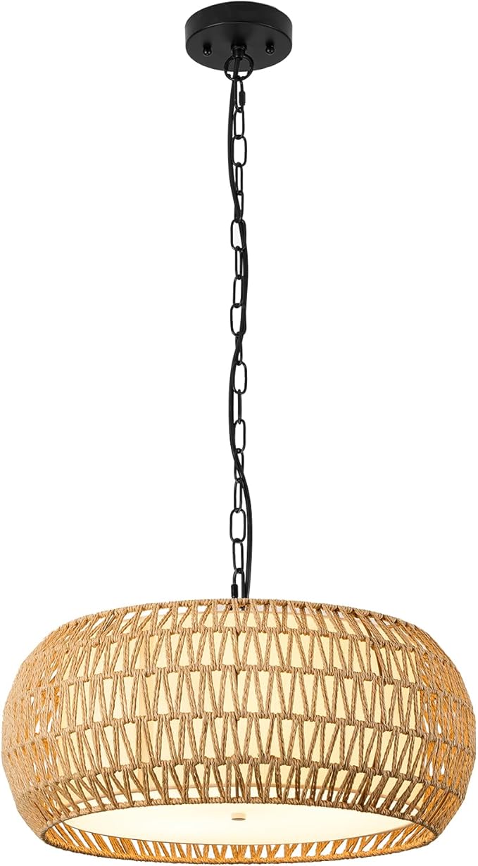 19 Inch Boho Chandeliers for Dining Room 5-Lights Farmhouse Light Fixtures Large Pendant Light Hand Woven Dining Table Light Fixture Rattan Hanging Lamp for Kitchen Island