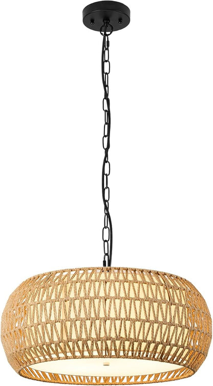 19 Inch Boho Chandeliers for Dining Room 5-Lights Farmhouse Light Fixtures Large Pendant Light Hand Woven Dining Table Light Fixture Rattan Hanging Lamp for Kitchen Island