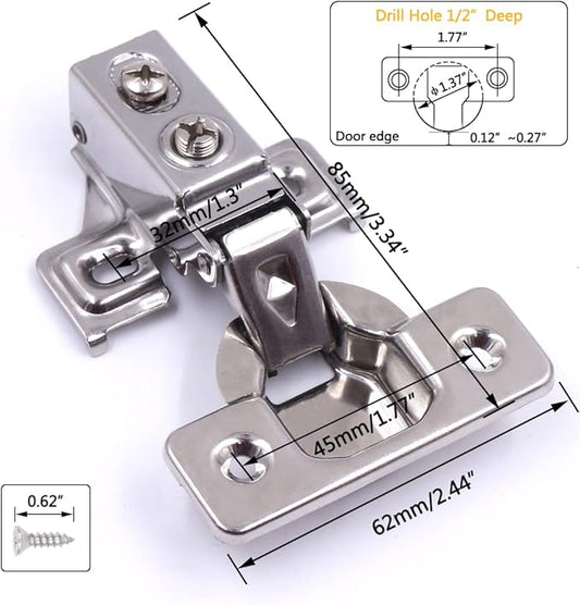 20 Pack Soft Close Cabinet Door Hinges for 1/2" Partial Overlay, 105 Degree Opening Angel, Stainless Concealed Kitchen Cabinet Hinges with Mounting Screws, Manual and Door Bumpers