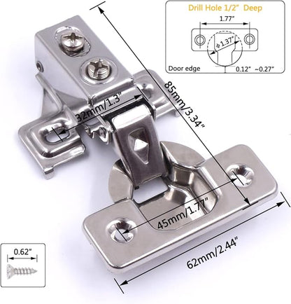 2 Pack Soft Close Cabinet Door Hinges for 1/2" Partial Overlay Cupboard, 100 Degree Opening Angel, Stainless Concealed Kitchen Cabinet Hinges with Mounting Screws and Manual